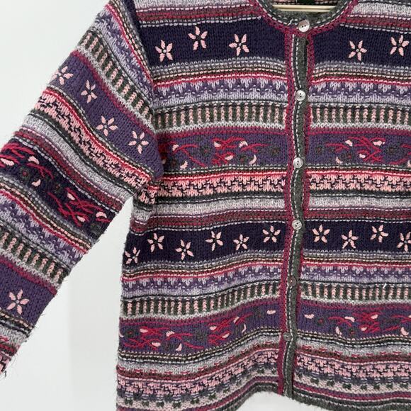 Deane & White Vintage Snowflake Cardigan Sweater Purple Pink Fair Isle  Large - Picture 3 of 6